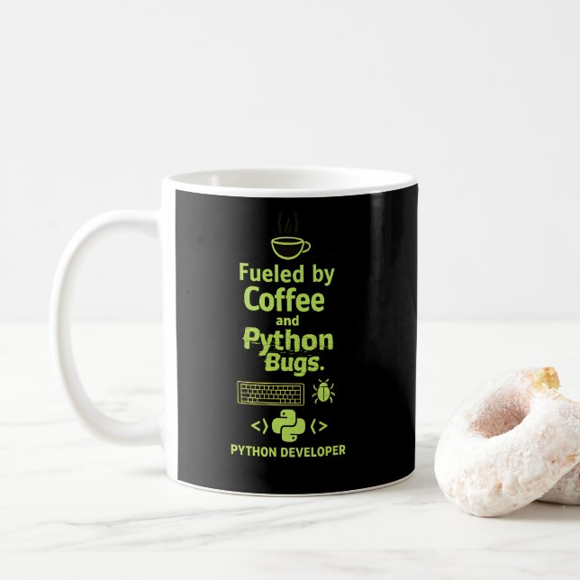 Funny Python Developer – Fueled by Coffee bugs  Mug (With Donut)