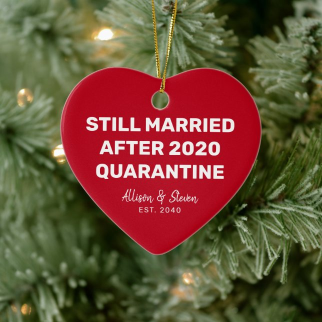 Funny Quarantine 2020 Red Heart Couples Names Ceramic Tree Decoration (Tree)