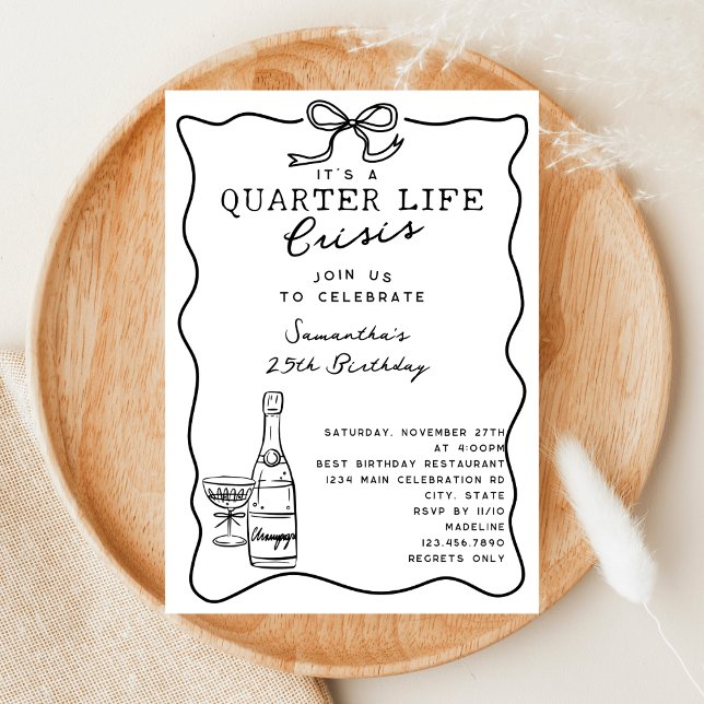 Funny Quarter Life Crisis Retro Bow 25th Birthday Invitation (Creator Uploaded)