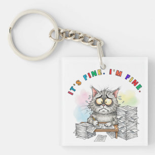 Funny Quirky Cat 'It's Fine.I'm Fine.' Key Ring