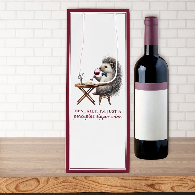 Funny Quirky Cute Porcupine in Bowtie Unique  Wine Gift Bag (Make them laugh with this funny porcupine wine gift bag. Perfect for trendy wine lovers with humor!)