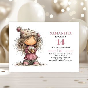 Funny Quirky Girl 14th Birthday Invitation Pink