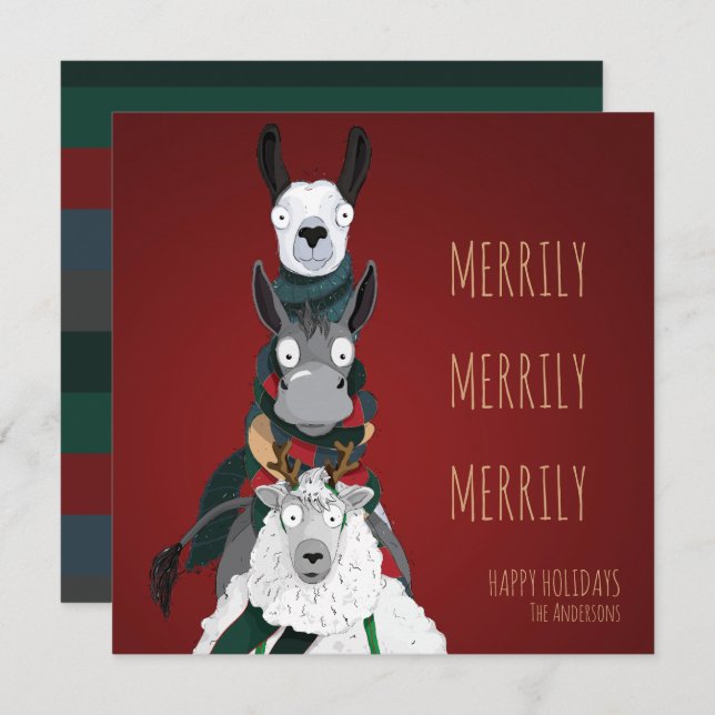 Funny Quirky “Merrily Merrily Merrily” Festive Red Holiday Card (Front/Back)