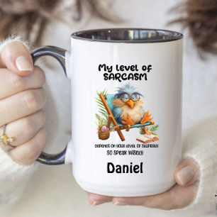 Funny Quote Grumpy Bird My Level of Sarcasm Two-Tone Coffee Mug