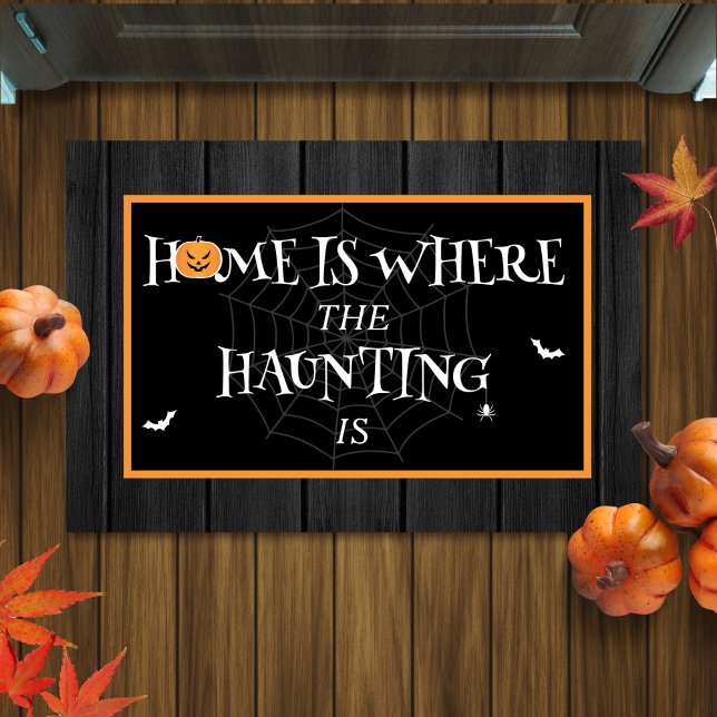 Funny Quote Haunted House Spooky Halloween Doormat (funny Halloween doormat with quote "home is where the haunting is")