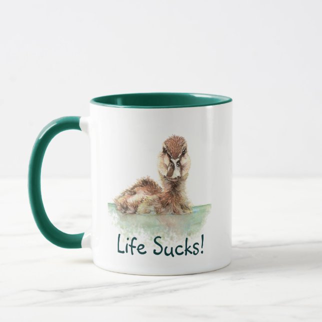 Funny Quote, Life Sucks, Angry Duck, Bird  Mug (Left)