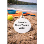Funny Quote with Phone Number | Custom Name  Pet Tag<br><div class="desc">“Runs Towards Water. Runs From Baths.” — for the pup who’s all about lake days but disappears at bath time. This simple modern dog tag blends humour and function, giving your pet a stylish way to stay safe. Customise it with your dog’s name and phone number so they can be...</div>