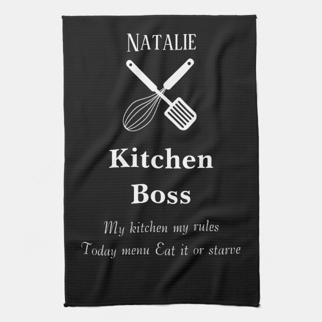 Funny quotes personalised black and white modern tea towel (Vertical)