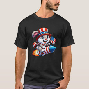 Funny Rabbit 4th July American USA Flag Fireworks  T-Shirt