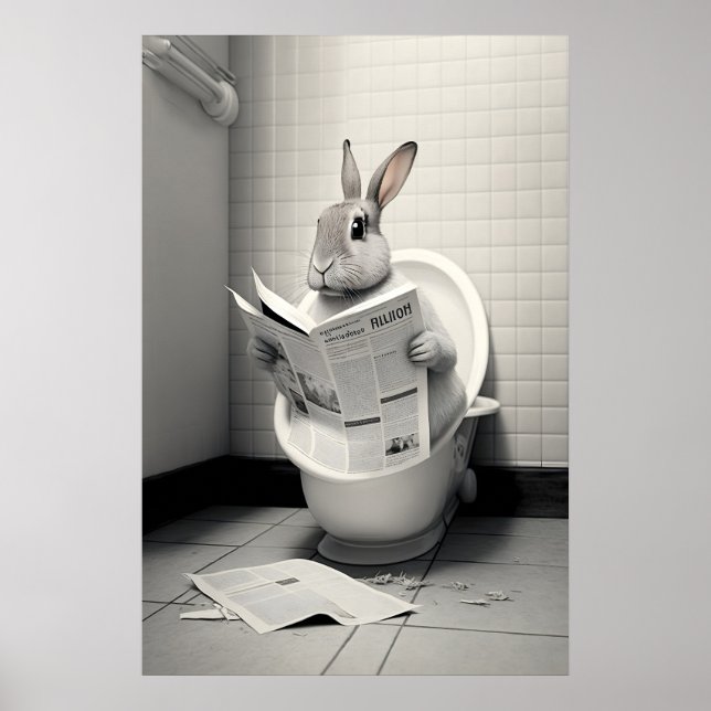 Funny Rabbit Bathroom Print Bunny Reading (Front)