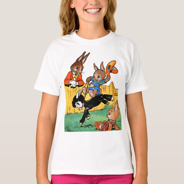 Funny Rabbit Riding A Black Dog Cartoon T-Shirt (Front)