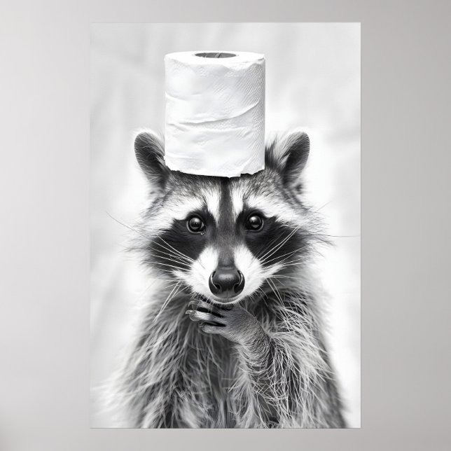 Funny Raccoon Bathroom Print, Toilet Paper Hat Poster (Front)