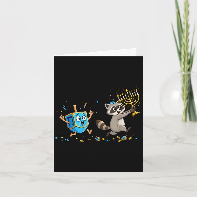 Funny Raccoon Dreidel Menorah Hanukkah Kids Womens Card (Front)