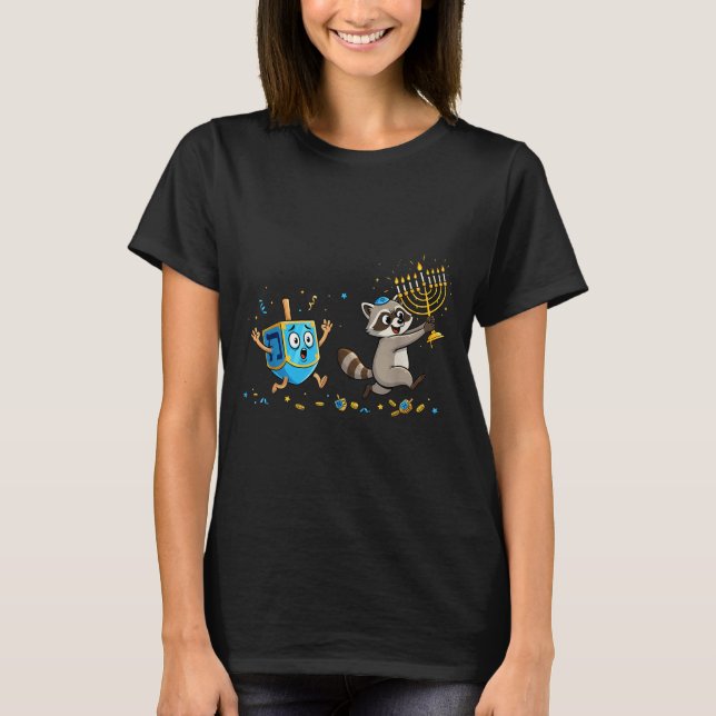 Funny Raccoon Dreidel Menorah Hanukkah Kids Womens T-Shirt (Front)