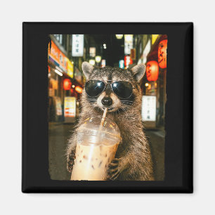Funny raccoon drinking ice coffee men women meme magnet