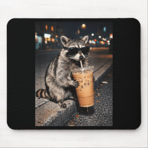 Funny raccoon drinking iced coffee animal coffee mouse pad
