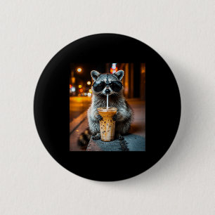 Funny raccoon drinking iced coffee animal meme 6 cm round badge