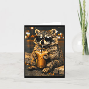 Funny raccoon drinking iced coffee animal meme men card
