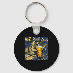 Funny raccoon drinking iced coffee animal meme men key ring