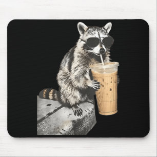 Funny raccoon drinking iced coffee animal meme men mouse pad