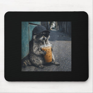 Funny raccoon drinking iced coffee animal meme men mouse pad