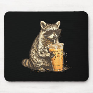 Funny raccoon drinking iced coffee animal meme men mouse pad