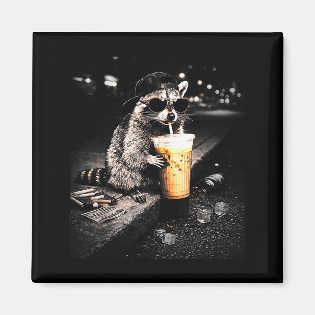 Funny Raccoon Drinking Iced Coffee Artwork Magnet (Front)