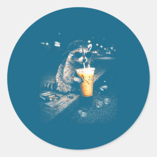 Funny Raccoon Drinking Iced Coffee Classic Round Sticker