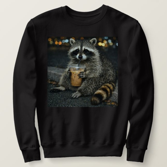Funny Raccoon Drinking Iced Coffee — Cute Animal  Sweatshirt (Design Front)