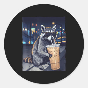 Funny raccoon drinking iced coffee cute animal wit classic round sticker