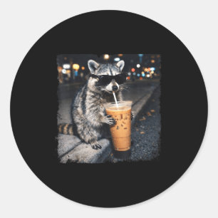 Funny raccoon drinking iced coffee funny animal classic round sticker