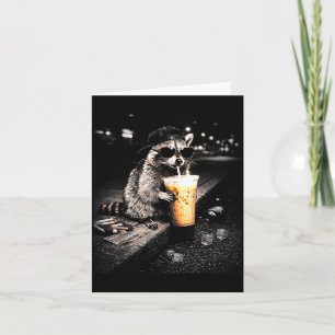 Funny Raccoon Drinking Iced Coffee Illustration Card