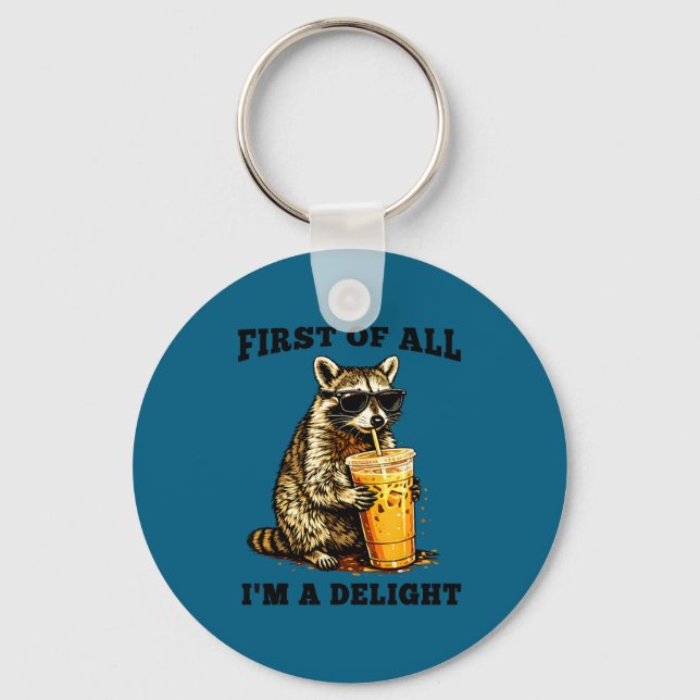 Funny raccoon drinking iced coffee meme sarcastic key ring (Front)