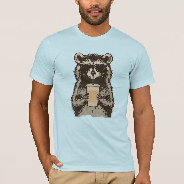 Funny Raccoon Drinking Iced Coffee T-Shirt (Front)