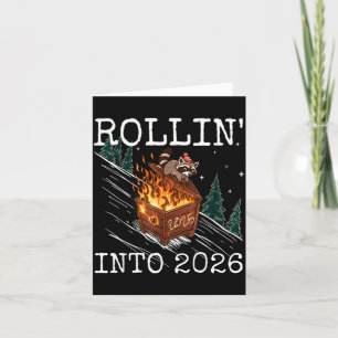 Funny Raccoon Rolling Into 2026 Retro New Year 202 Card