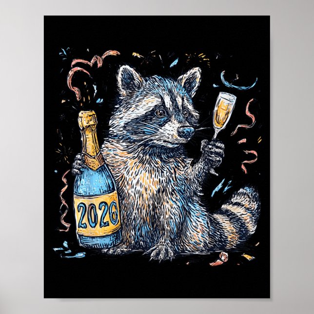 Funny Raccoon With Champagne Disco Ball New Years  Poster (Front)