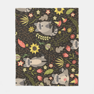 Funny Raccoons Vintage Illustration Pattern Fleece Blanket
