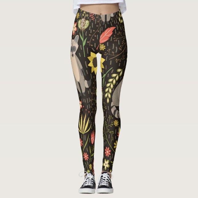 Funny Raccoons Vintage Illustration Pattern Leggings (Front)