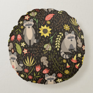 Funny Raccoons Vintage Illustration Pattern Round Cushion