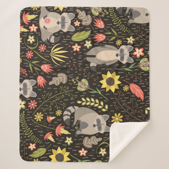 Funny Raccoons Vintage Illustration Pattern Sherpa Blanket (Front)