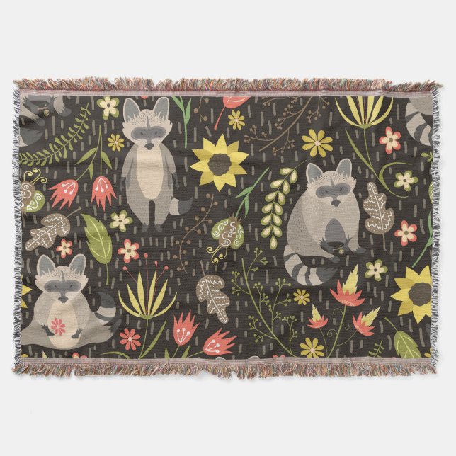 Funny Raccoons Vintage Illustration Pattern Throw Blanket (Front)