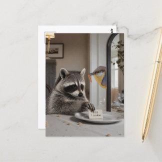 Funny Racoon and bird IOU 1 Cookie in Dining Room Postcard