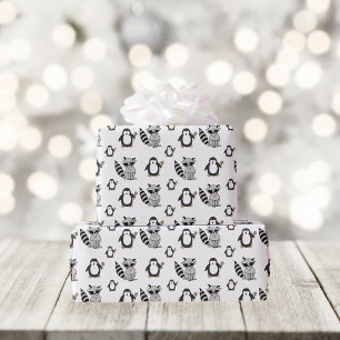 Funny Racoon and Penguin Pattern Wrapping Paper