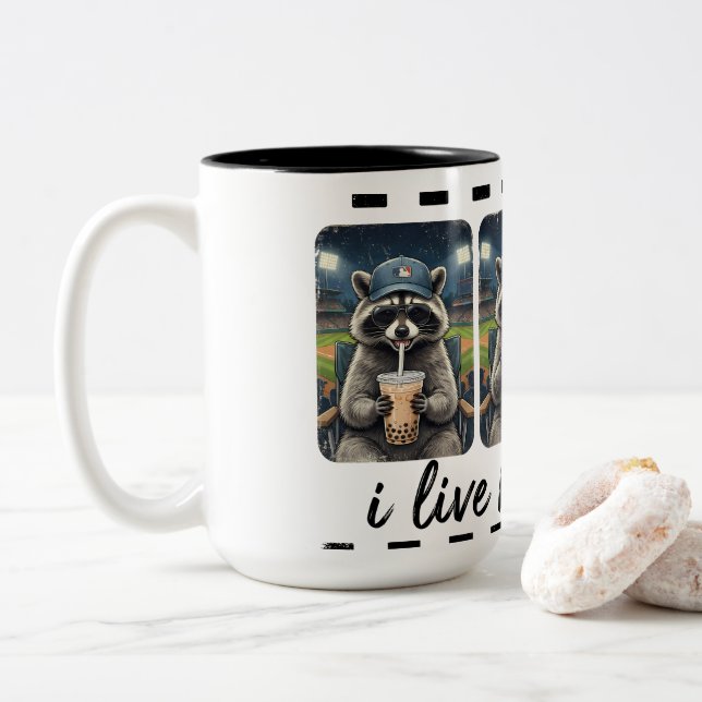 Funny Racoon Baseball Coffee Mug – I Live Here No (With Donut)