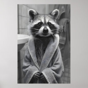 Funny Racoon Bathrobe Print, Quirky Bathroom Wall Poster