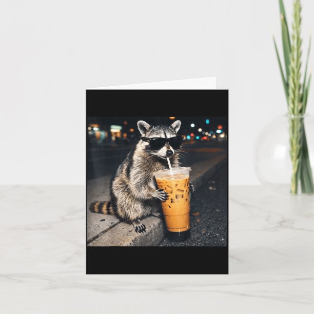 Funny racoon drinking iced coffee animal meme men card (Front)