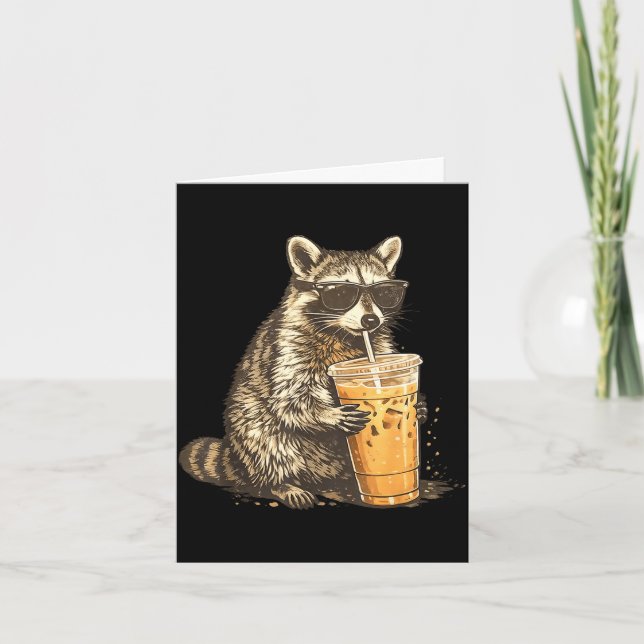 Funny racoon drinking iced coffee animal meme men card (Front)