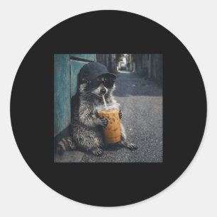 Funny Racoon Drinking Iced Coffee Animal Meme Men Classic Round Sticker