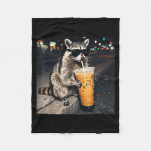Funny racoon drinking iced coffee animal meme men fleece blanket