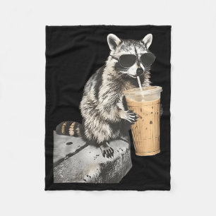 Funny racoon drinking iced coffee animal meme men fleece blanket